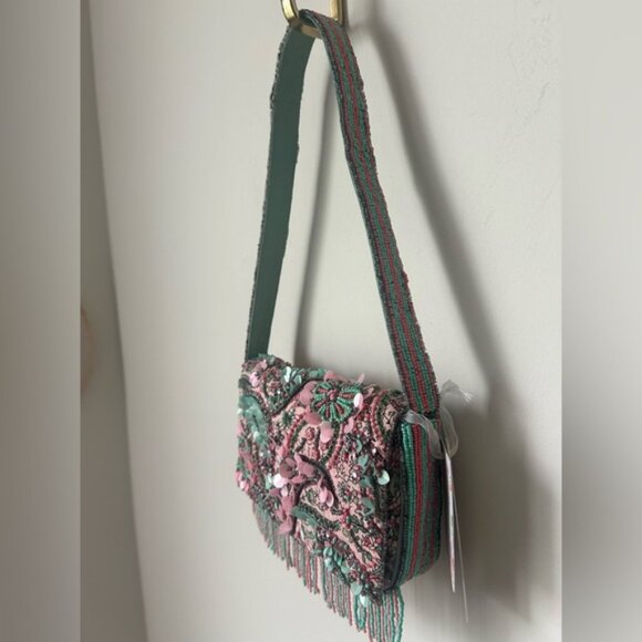 Viral Beaded Paisley Fringe Pink and Green Made in India Shoulder Bag - Picture 2 of 6